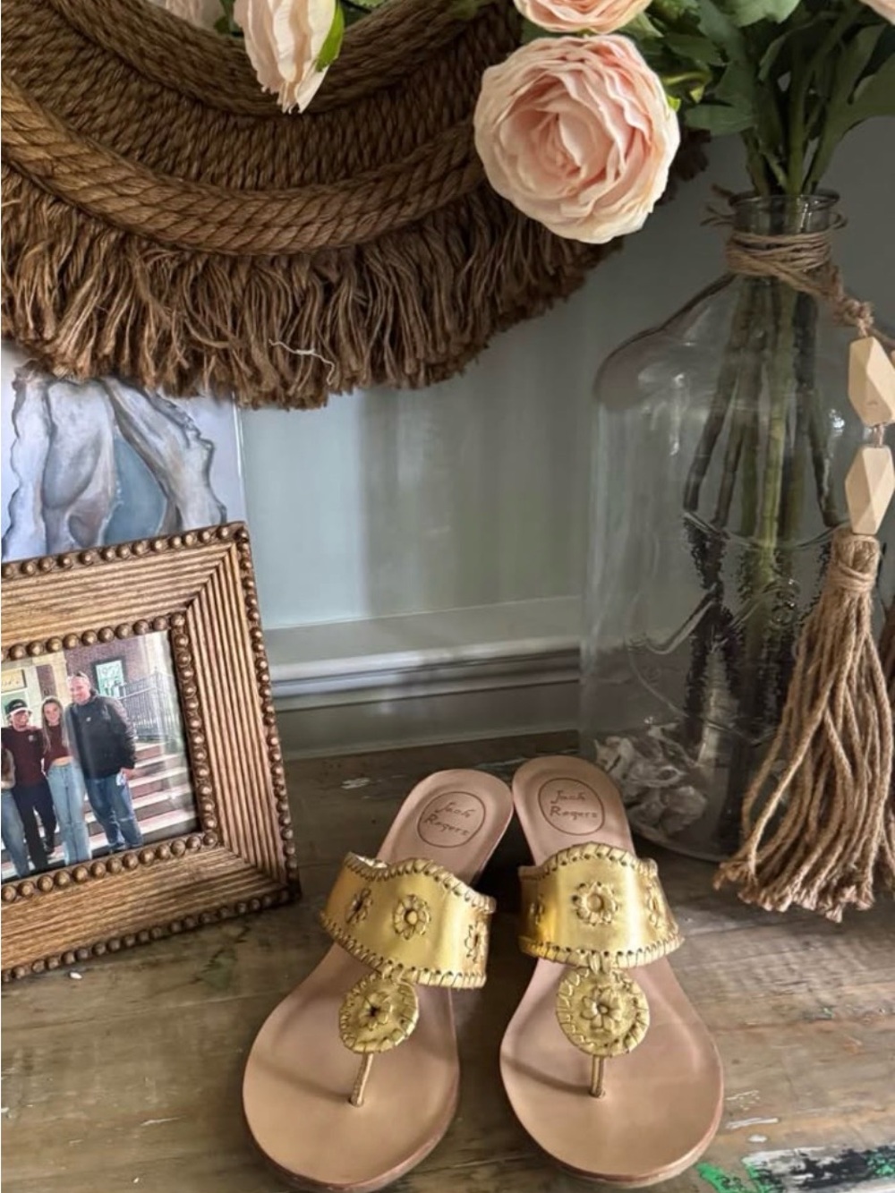 Jack Rogers Gold Leather Wedge Thong Sandals with Floral Medallions